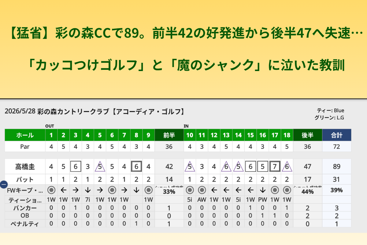彩の森カントリークラブ 2026年5月28日 高橋圭スコアカード（89打、パット31、FWキープ42.9%、OB2回）